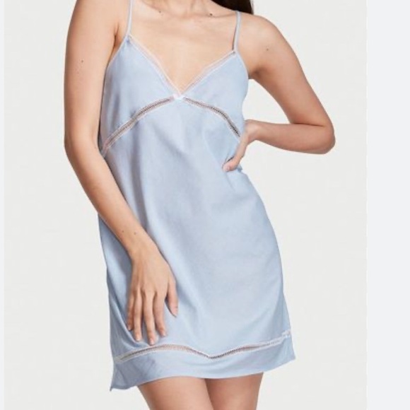 VICTORIA'S SECRET Soft Cotton Chemise Slip Dress Babydoll Sleep Blue Chambray - Picture 1 of 2